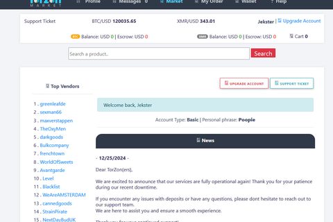 Torzon Market interface screenshot showing darknet marketplace
